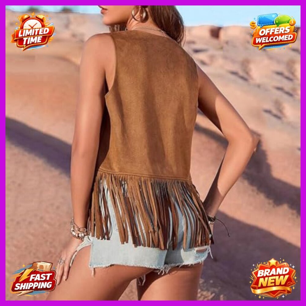 Fringe Vest Sleeveless Tassel Jacket Boho Western Cowgirl Costume Top - Picture 4 of 7